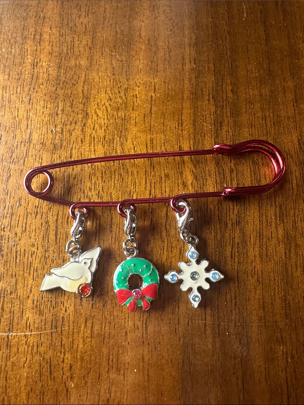 Red Holiday Charm Brooch Pin with Dove, Wreath & Snowflake Charms